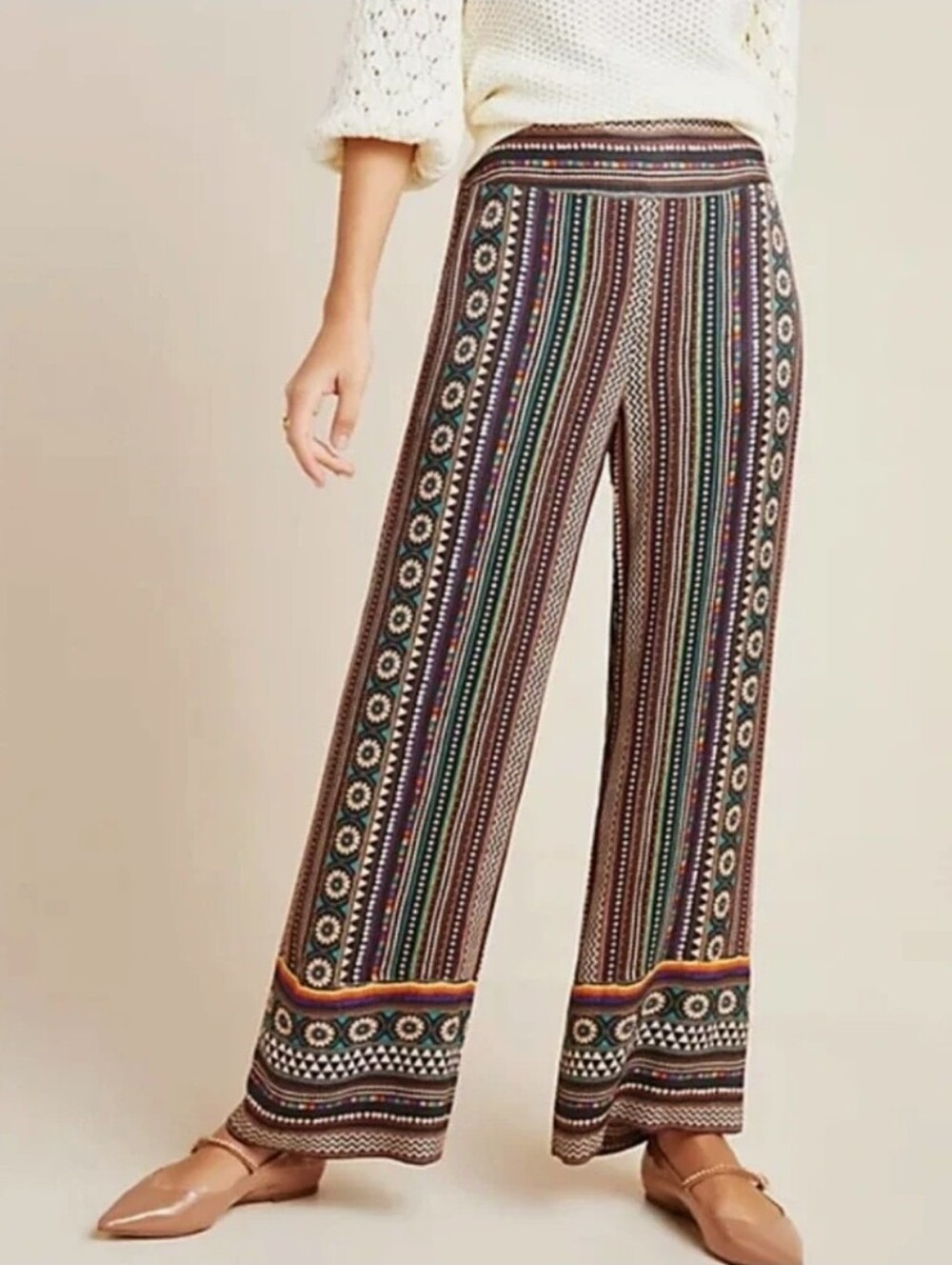 NWT Anthropologie Farm Rio Wide Leg black motif pants Boho, Retro, Ankle
